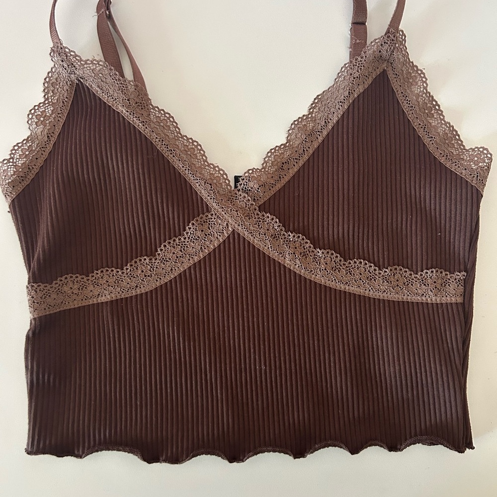 H&M Brown Lace Trim Ribbed Cami Top